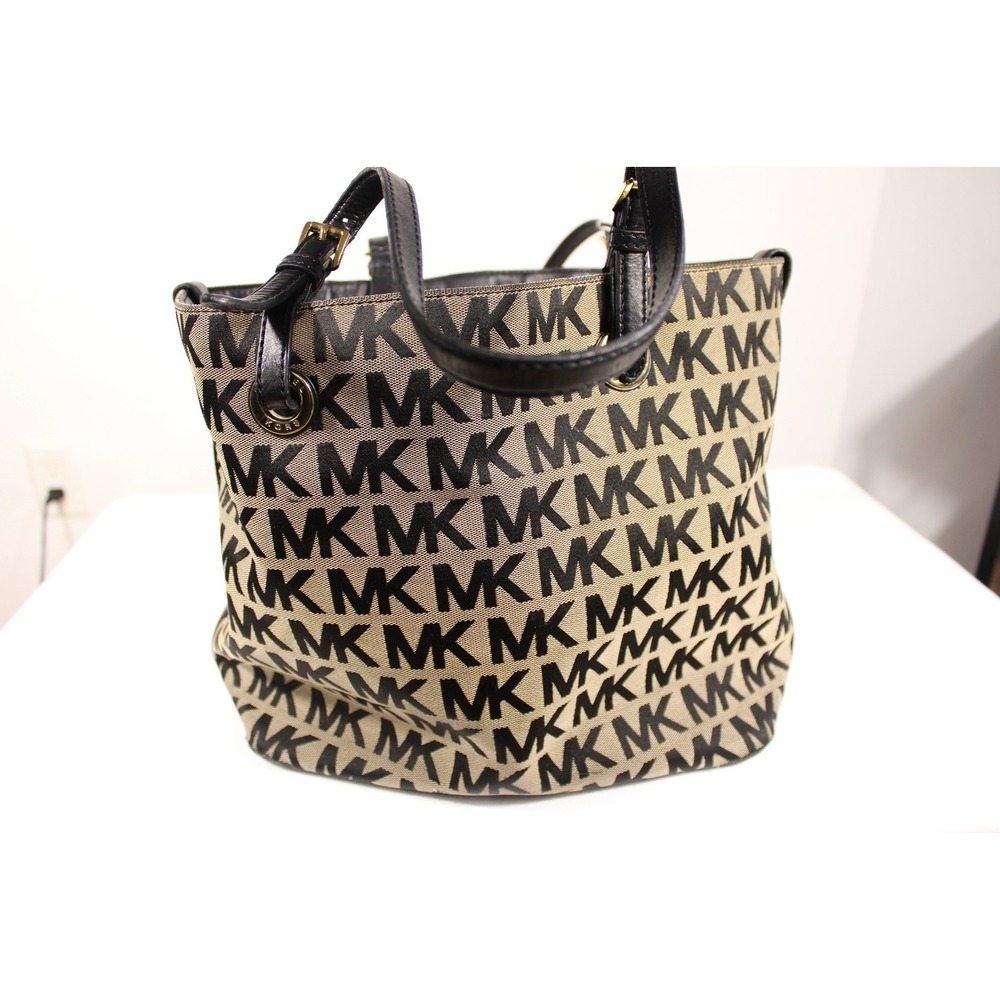 Michael Kors Womens MK Logo Monogram Tote Bag Tan Black Canvas Leather Purse